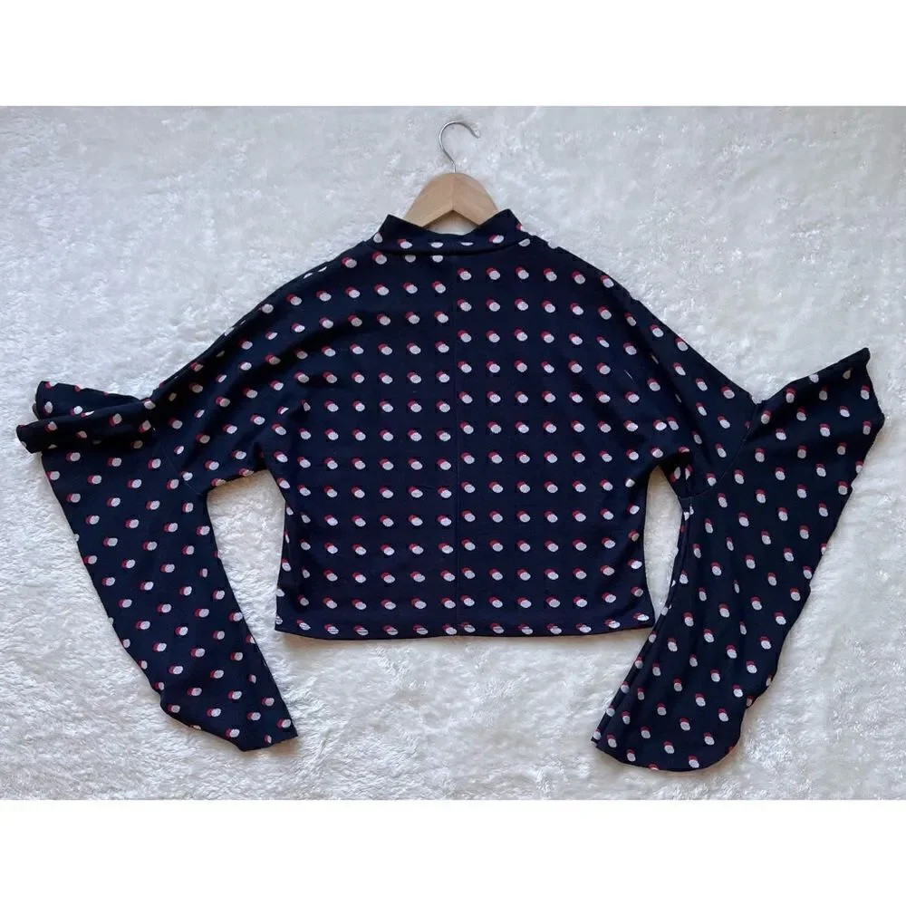 BCBGeneration Blue, Red & White Polka Dot Flutter Sleeves Mock Neck Crop Top